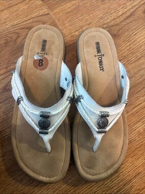 Minnetonka White Braided Thong Sandals with Silver Accents